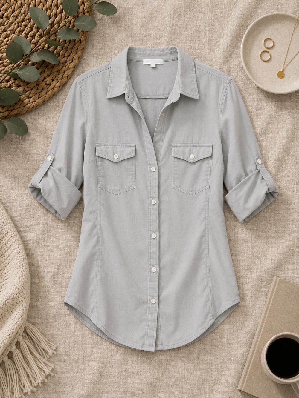 James Perse Gray Cotton Utility Button Front Roll Tab Shirt Quiet Luxury 2 (M)